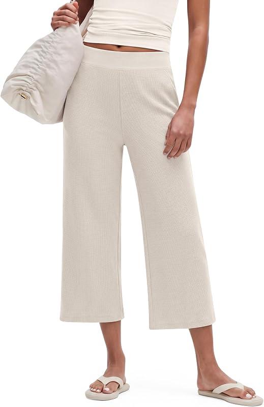 G4Free Waffle Wide Leg Capri Pants for Women - Cropped Sweatpants Casual Travel