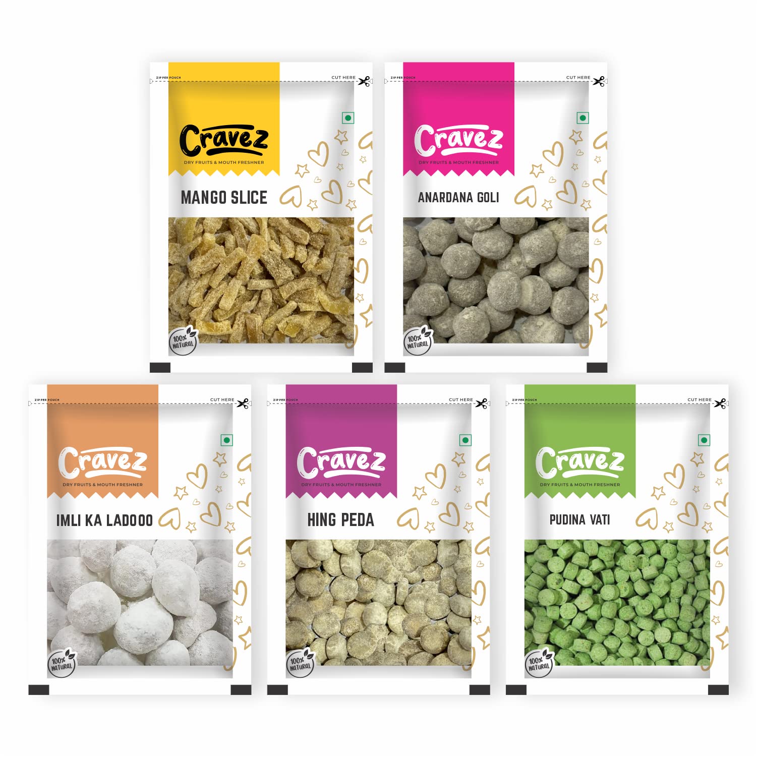 Cravez Digestive Churan Combo - Mango Slice, Anardana Goli, Pudina Vati,Imli Ka Ladoo And Hing Peda -100 G Each | After Meal Mukhwas/Mouth Freshener (Zipper Pouch 500G) (Churan Combo (Pack of 5)) (B0C4TQMNDZ) Amazon Price History, Amazon Price Tracker