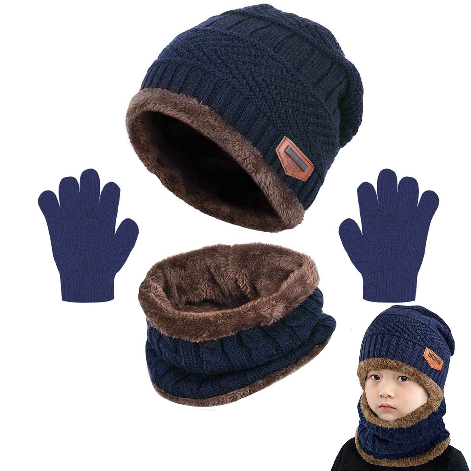 Joligiao Kids Winter Knitted Beanie Hat Scarf Gloves Set Warm Soft Hat Fleece Inner Lining Circle Loop Scarf Gloves 3-in-1 Set For Children (Navy,One size)