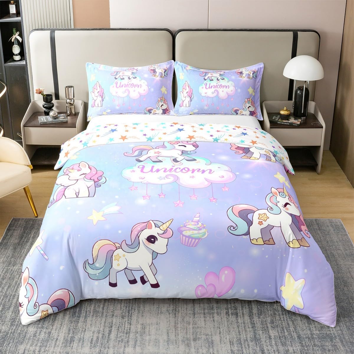 Cartoon Unicorn 100% Cotton Duvet Cover Twin Size Cute Animal Clouds Colorful Rainbow Decor Bedding Set for Kids Girls Teens Blue Purple Tie Dye Dreamy Comforter Cover with 1 Pillowcase(No Comforter)