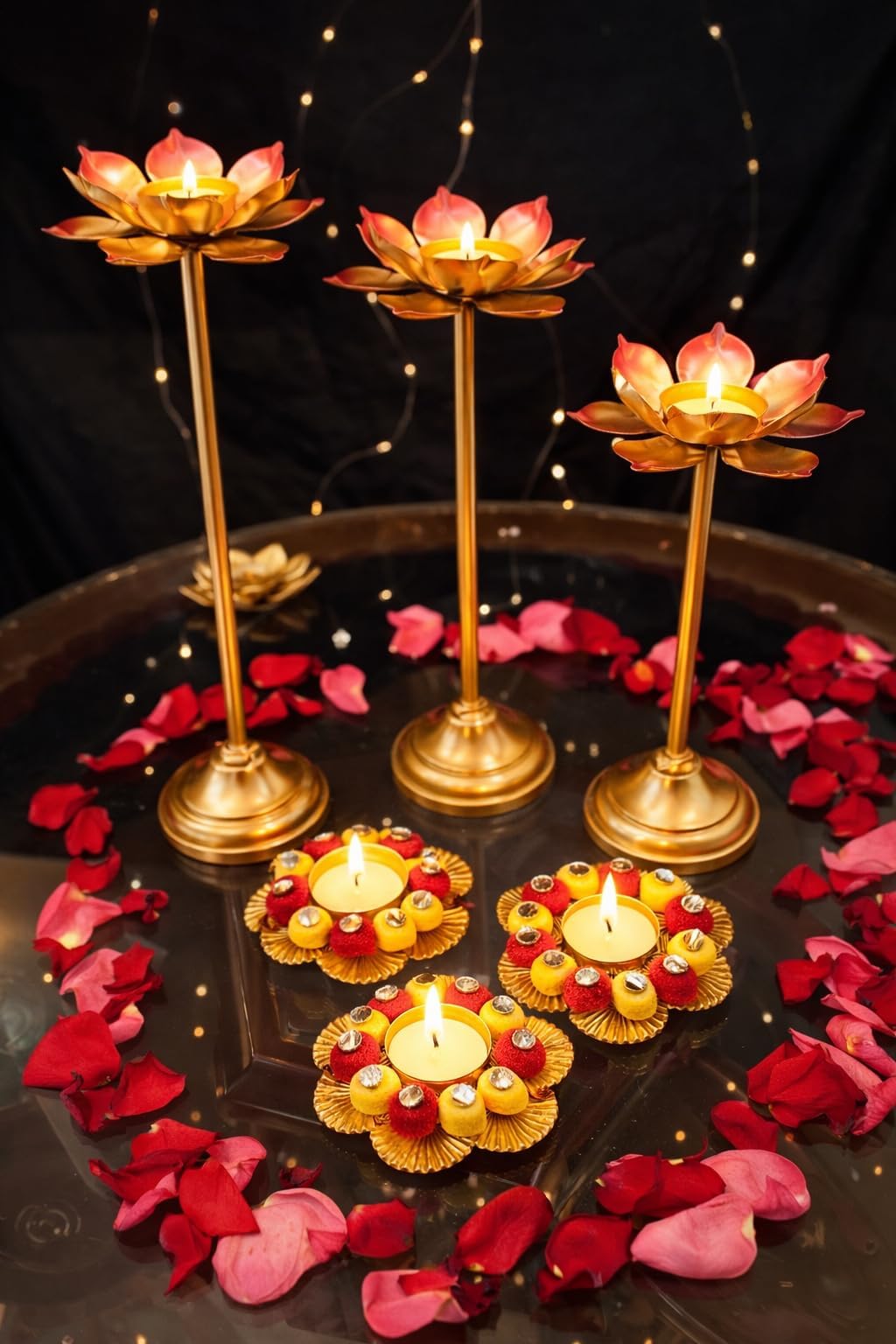 AGAAS Enterprises Metal Lotus Tealight Candle Holder Set of 6 with Rangoli Diya Stand — Gold Diwali Pooja Decoration, Home Décor Table Centerpiece, Festive Gift Set for Housewarming & Navratri