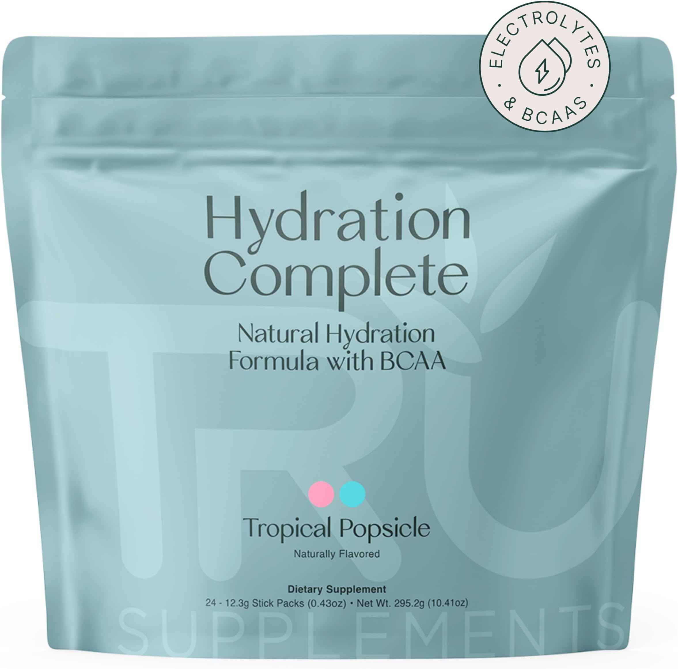 - TRU Supplements Hydration Complete BCAA, Plant Based Amino Acids + Pink Himalayan Salt, Electrolytes & L-Carnitine, Vegan, Zero Calories, No Artificial sweeteners, 24 Servings, Tropical Popsicle