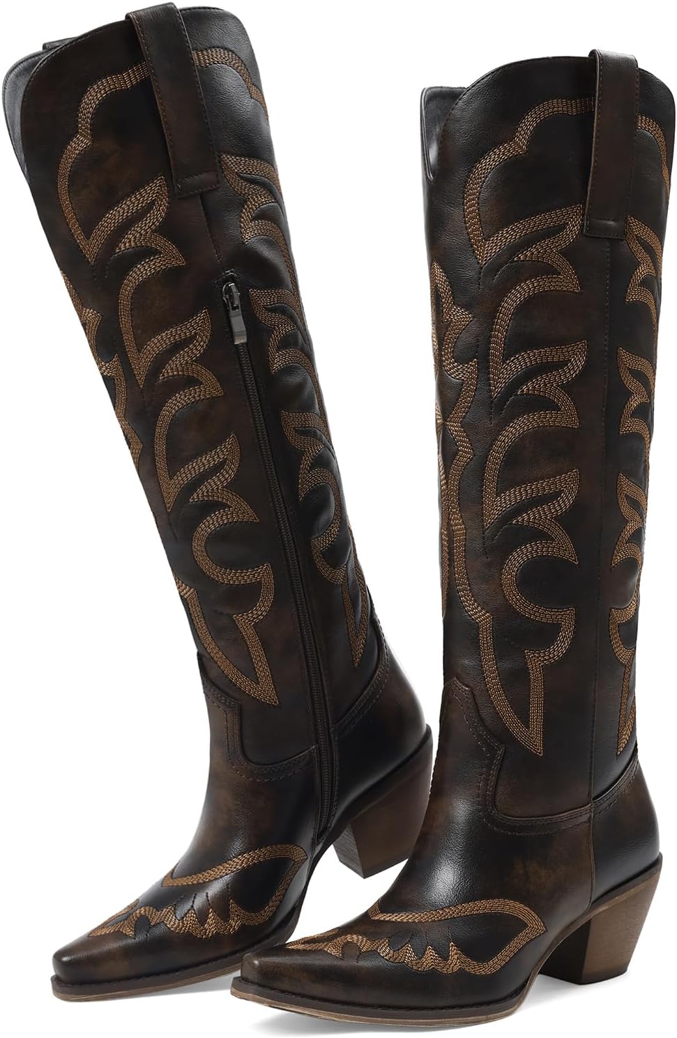 Cowboy Boots for Women Knee High Western Cowgirl Boots Wide Calf Pointed Toe Embroidered Block Heel Pull On Tall Boots with Zipper for Concert Rodeo Festival Daily