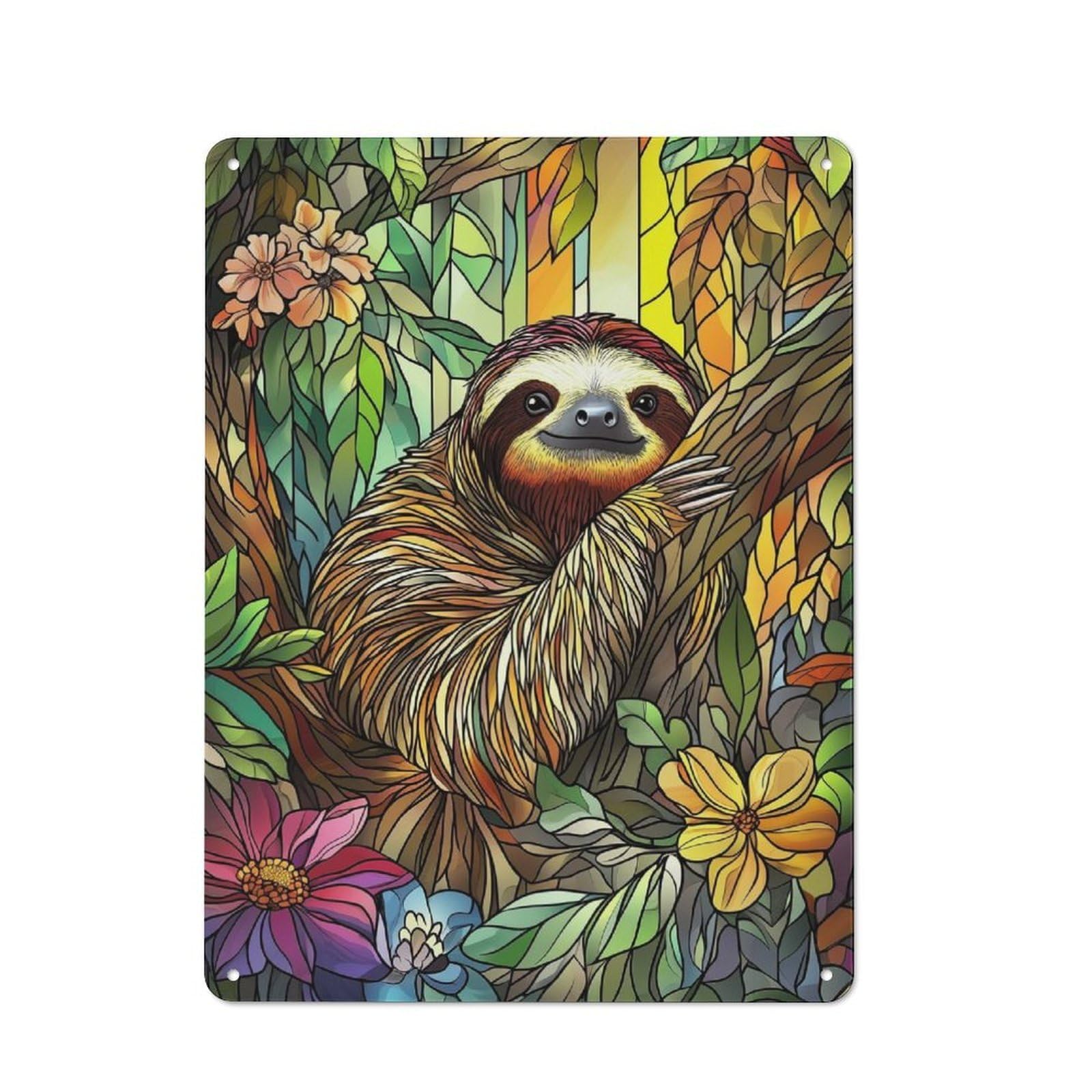 Junmoney Sloth In Jungle Stained Glass Metal Wall Plaque 40X30cm, Simple Retro Office Wall Decor For Office, Study, Studio Or Hallway