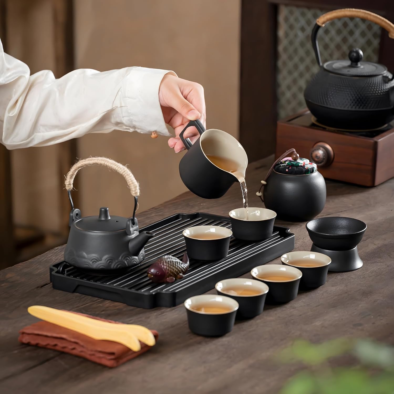 ICHAG 茶具 Gray Porcelain Tea Set, 15-Piece Chinese Gongfu Tea Set with Tea Pet & Tea Tray, Premium Tea Sets for Adults, Travel Tea Party Set for Home/Office/Outdoor/Gifts