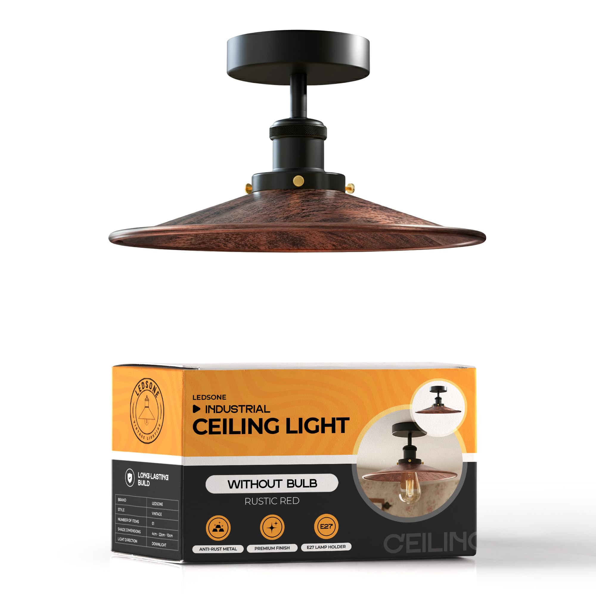 LEDSone Industrial Ceiling Light Edison Rustic Red Metal Lampshade Fixture