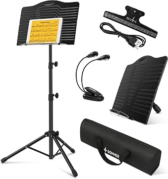 Donner Music Stand, Lightweight, Foldable, Light & Storage Bag & Sheet Clip Included, Height Adjustment from 16.5 to 56.1 inches 42 to 144 cm, Sheet Stand, Lightweight Steel