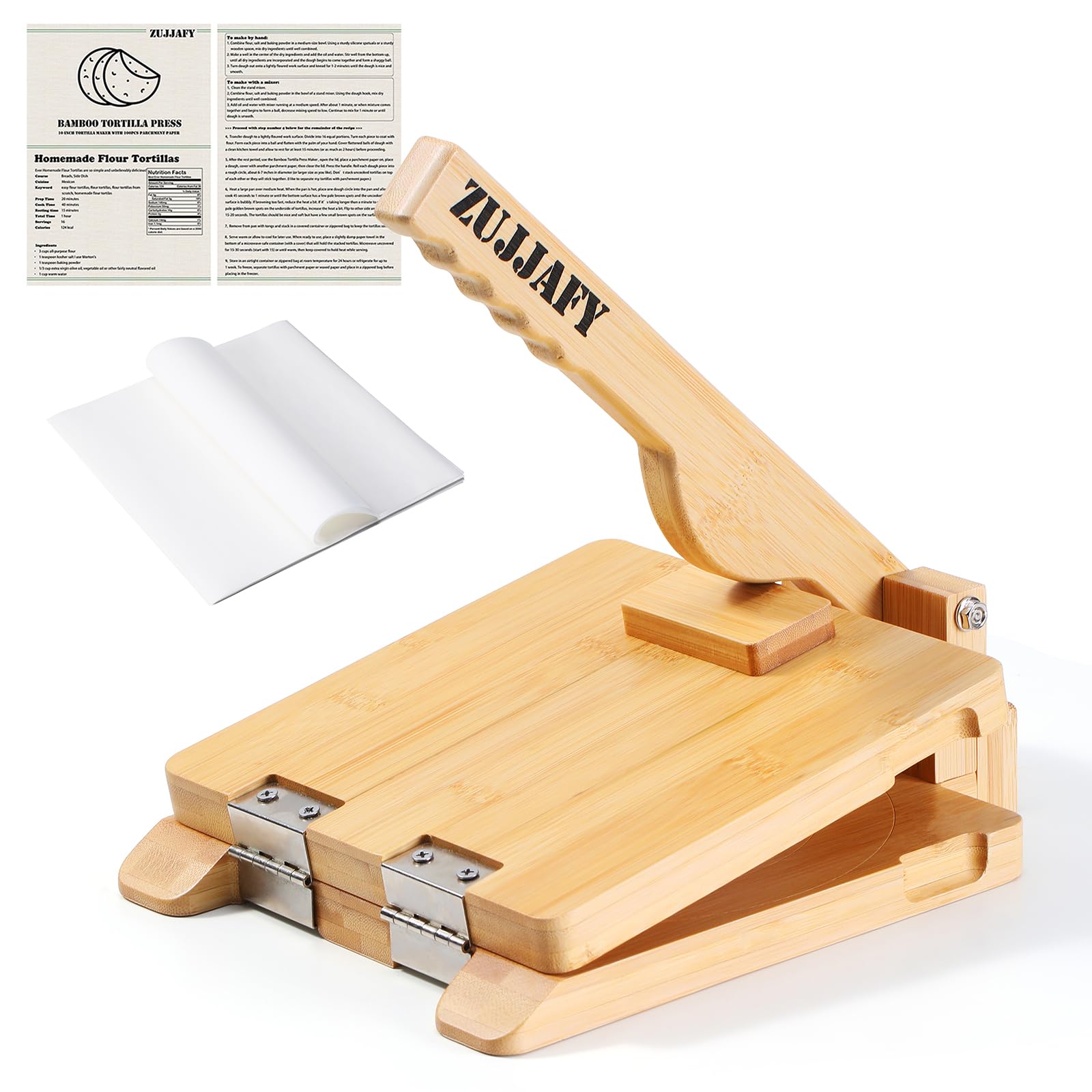 ZUJJAFY Tortilla Press 8 Inch Bamboo Tortilla Maker with 50pcs Parchment Paper, Mexican Tortillera Presser Homemade Tortillas Pataconera Dough Press,