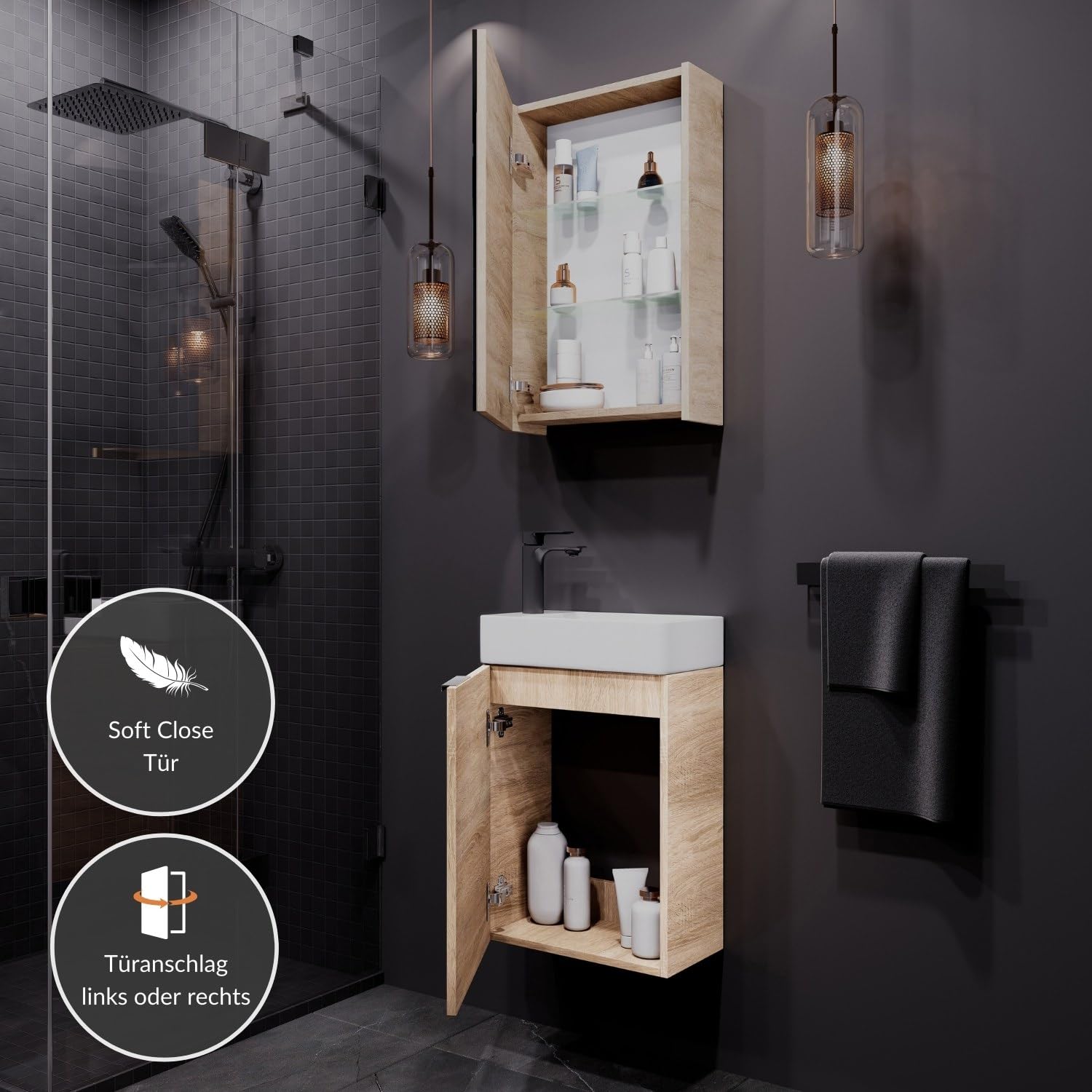 Planetmöbel Waschtischunterschrank mit Spiegelschrank Badmöbel Set 40cm für Badezimmer Gäste WC Sonoma Eiche
