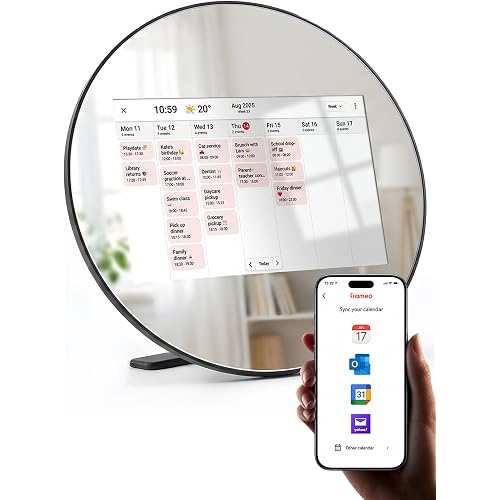 Frameo Digital Picture Frame WiFi Calendar 10.1" Mirror 3-in-1 Touchscreen Photo Frame, Auto-Synced Calendar, Share Photos & Videos via App, 32GB Wall/Tabletop for Parents Grandparents Home Gifts