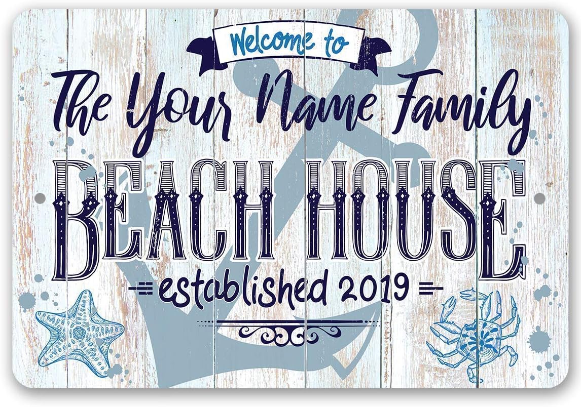 Personalized - Beach House - Great Coastal and Nautical Sign, Customized Beach House Welcome Signage, Sea Shell and Anchor Art Print, Rustic Wood Style Look 8x12 or 12x18 Durable Metal Sign