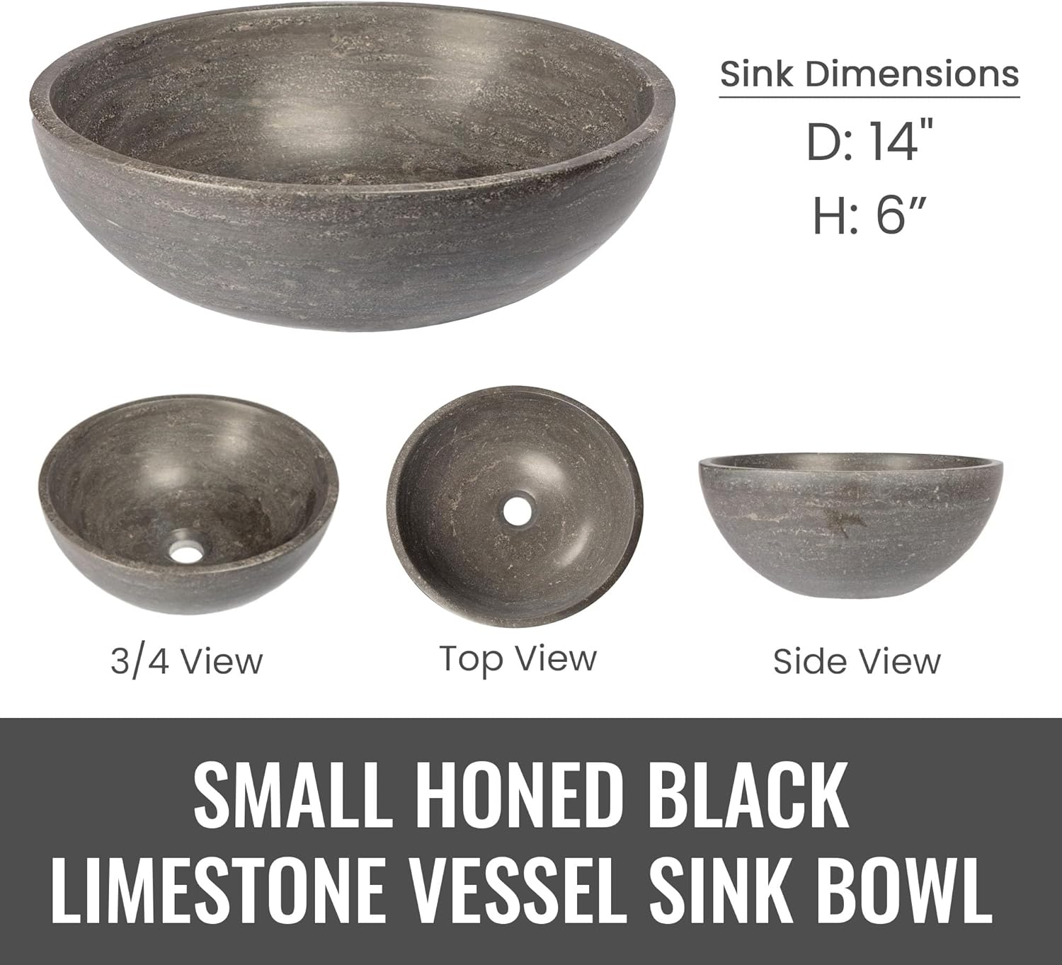 Eden Bath Round Small Thin Rim Vessel Sink, Honed Black Limestone - Stylish Bathroom Sink