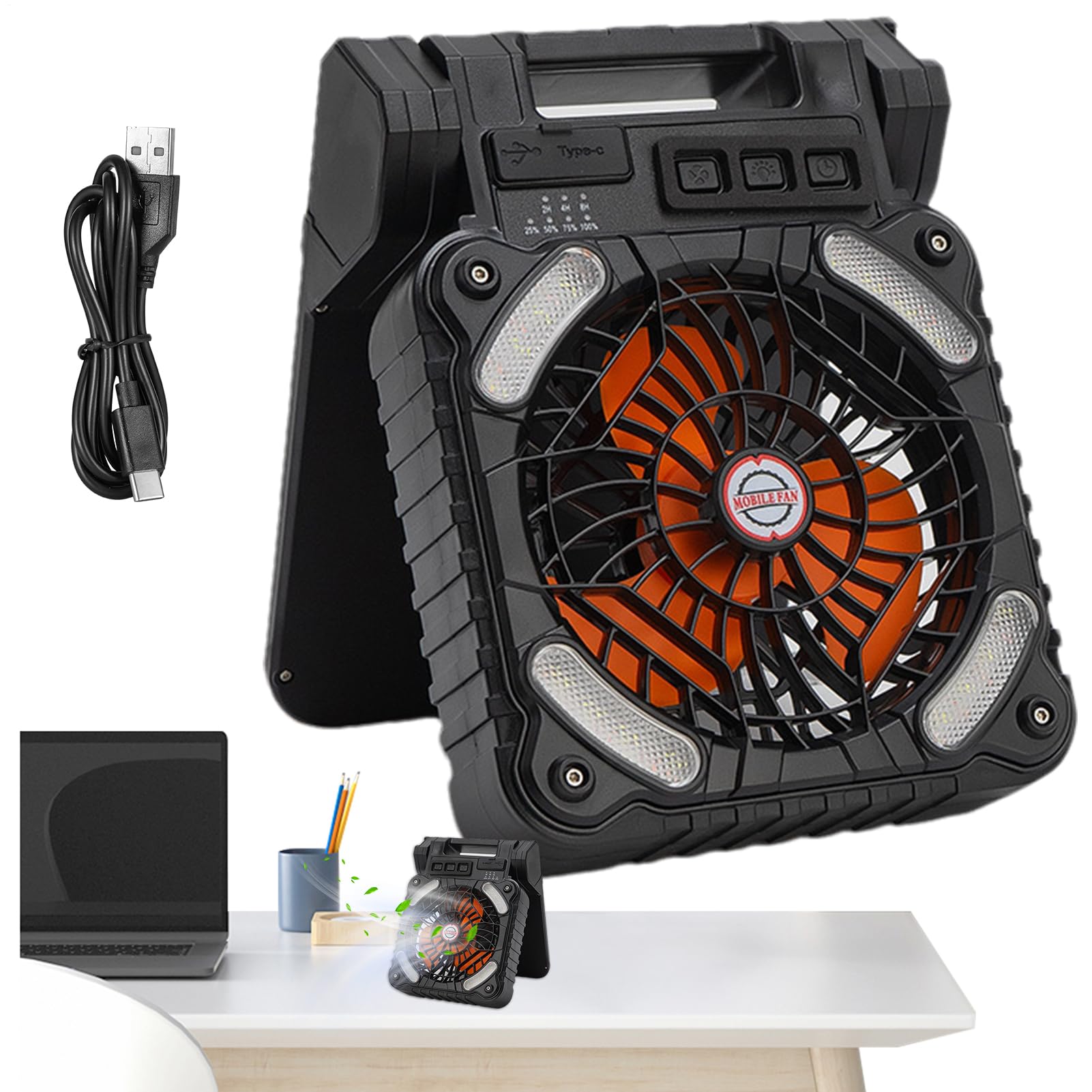 Genérico Ventilador solar portátil,Ventilador solar para acampar,Ventiladores para tiendas de campaña con luces - LED con 4 velocidades de viento y 3 niveles de brillo, con batería de 100