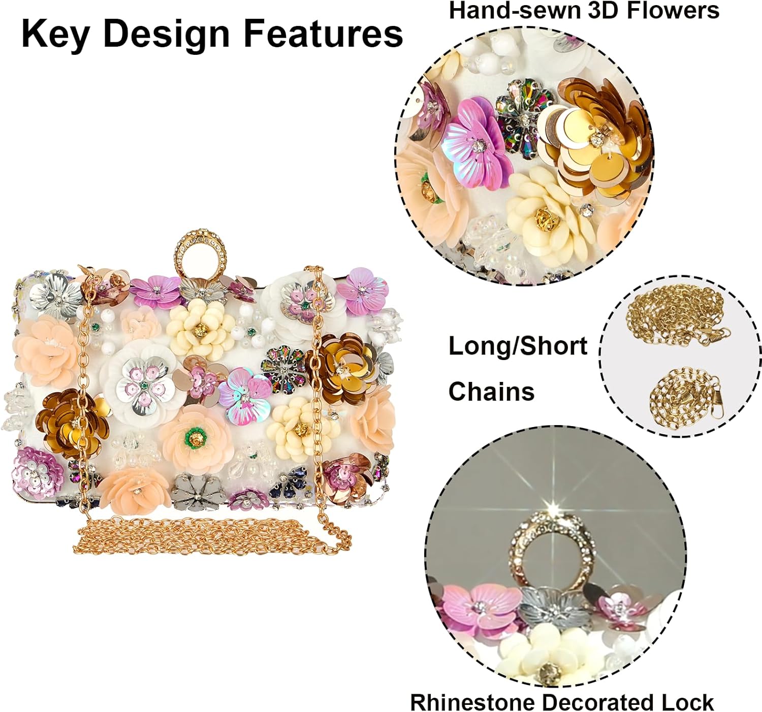 Women's Floral Evening Handbags Colorful Rhinestone Flower Clutch Purses Floral Bride Wedding Handbag Long Chain Shoulder Bag