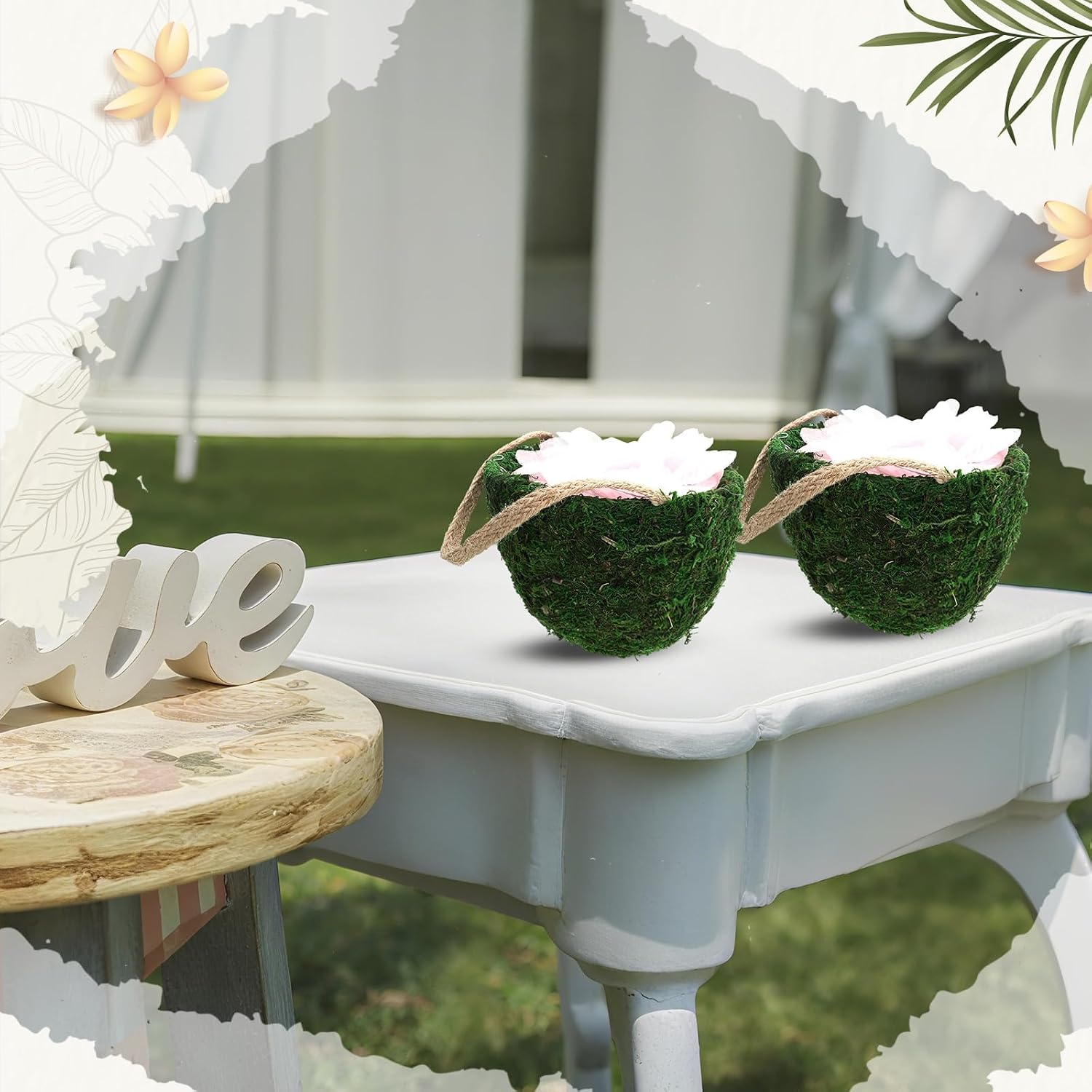 Leinuosen 2 Pcs Wedding Flower Baskets with Handles, Green Moss Rustic Baskets for Farmhouse Wedding Floral Decoration Flowers Petal Candy Storage Gifts and Home Supplies