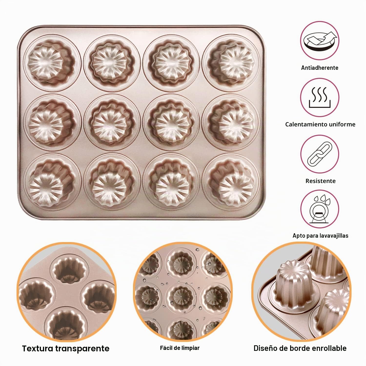 Molde para Canele Tartas para Horno y Repostería Antiadherente Molde de Bordelais para Hornear Taza para Muffins Cannele Pastel Acero al Carbono para Cannelé Gelatina Magdalenas Pudín 12 Cavidades
