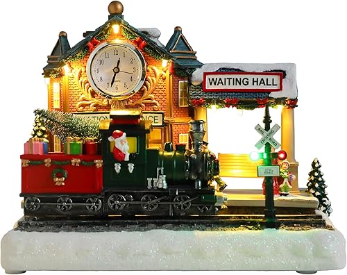 Miniatura 11 de Vipush Decoraciones de Casa de Pueblo Navideño de Resina Juego de Tren con Papá Noel Volador Decoración del Hogar Interior Figuras de Edificios Tren