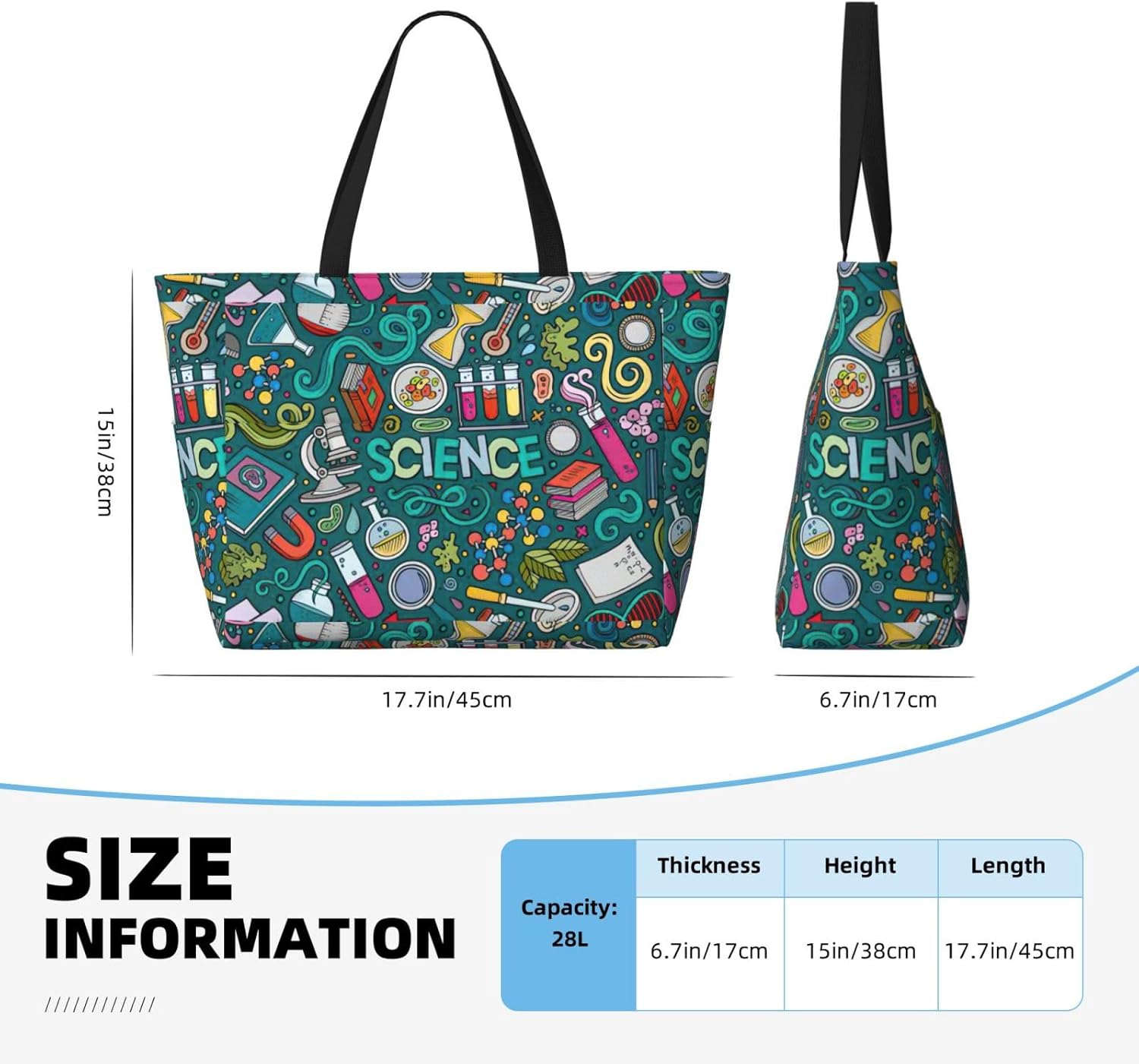Cartoon Science Theme Print Tote Bag Travel Companion For Beach Vacation Picnic & Daily Sporting Activities