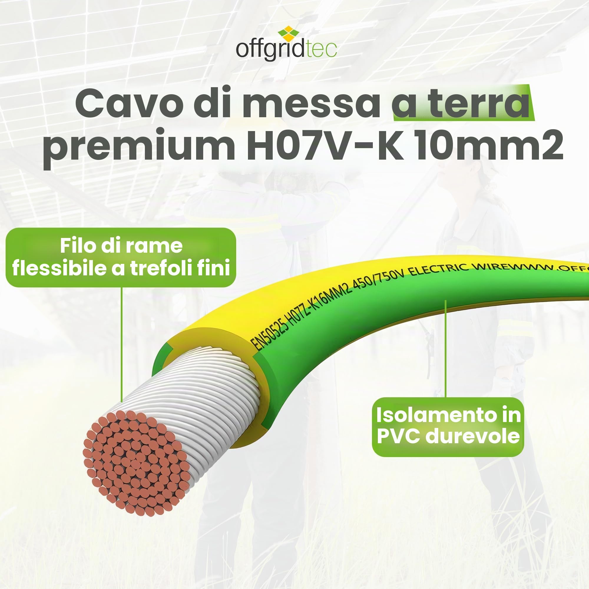 Offgridtec H07V-K cavo di messa a terra 10 mm² 450/750V, rame a fili sottili, isolamento XLPO e PVC ritardante di fiamma, certificato HAR, posa fissa, alta flessibilità (verde/giallo, 30 m)