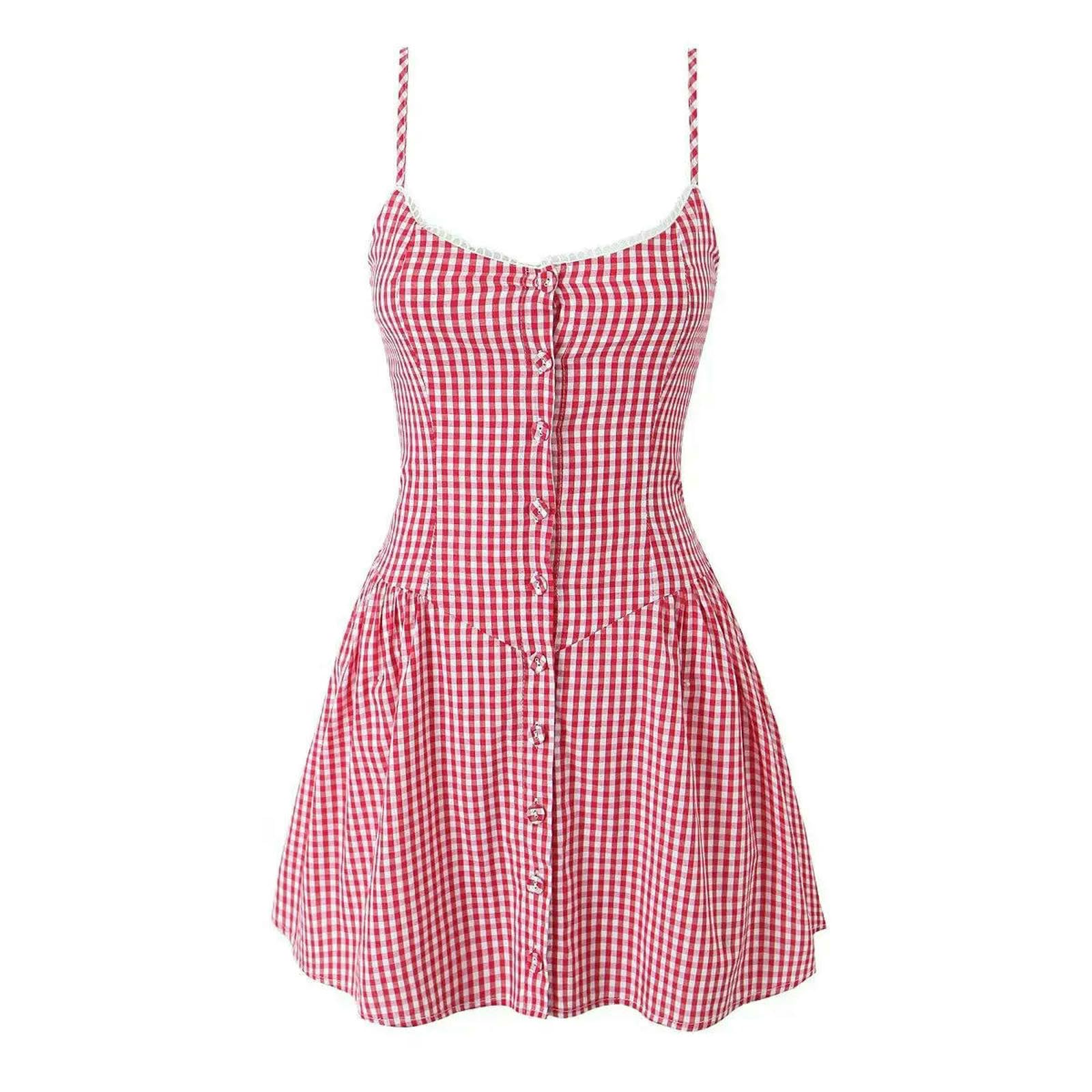 Sukienka damska letnia z przodu Button Plaid Sling Mini Cienkie Plastry V Neck Szyjka Lobility Sukienka w kształcie litery A Folmes Bawełniana sukienka-Czerwona-m