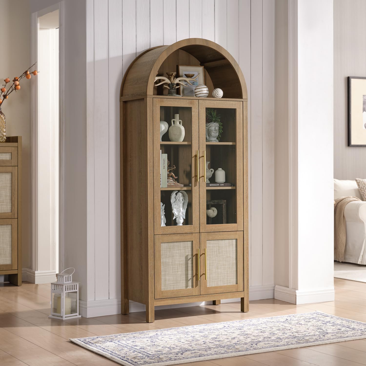 71" Tall Arched Display Cabinet, 5-Tier Bookshelf Modern Farmhouse Arched Bookcase with Glass Doors and Shelves, Wooden Pantry Storage Cabinet for Living Room, Office and Kitchen, Caramel Oak