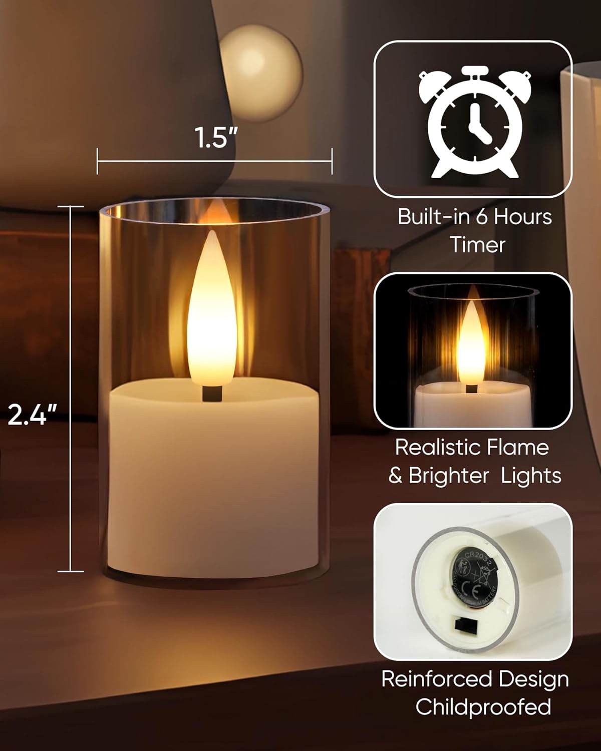 Homemory Acrylic Led Votive Candle with Auto Timer, 1.5" x 2.4" Flameless Led Tealight, Battery Powered Fake Electric Candles for Wedding Centerpiece, Table, Christmas Decor (6Pack) - Image 2