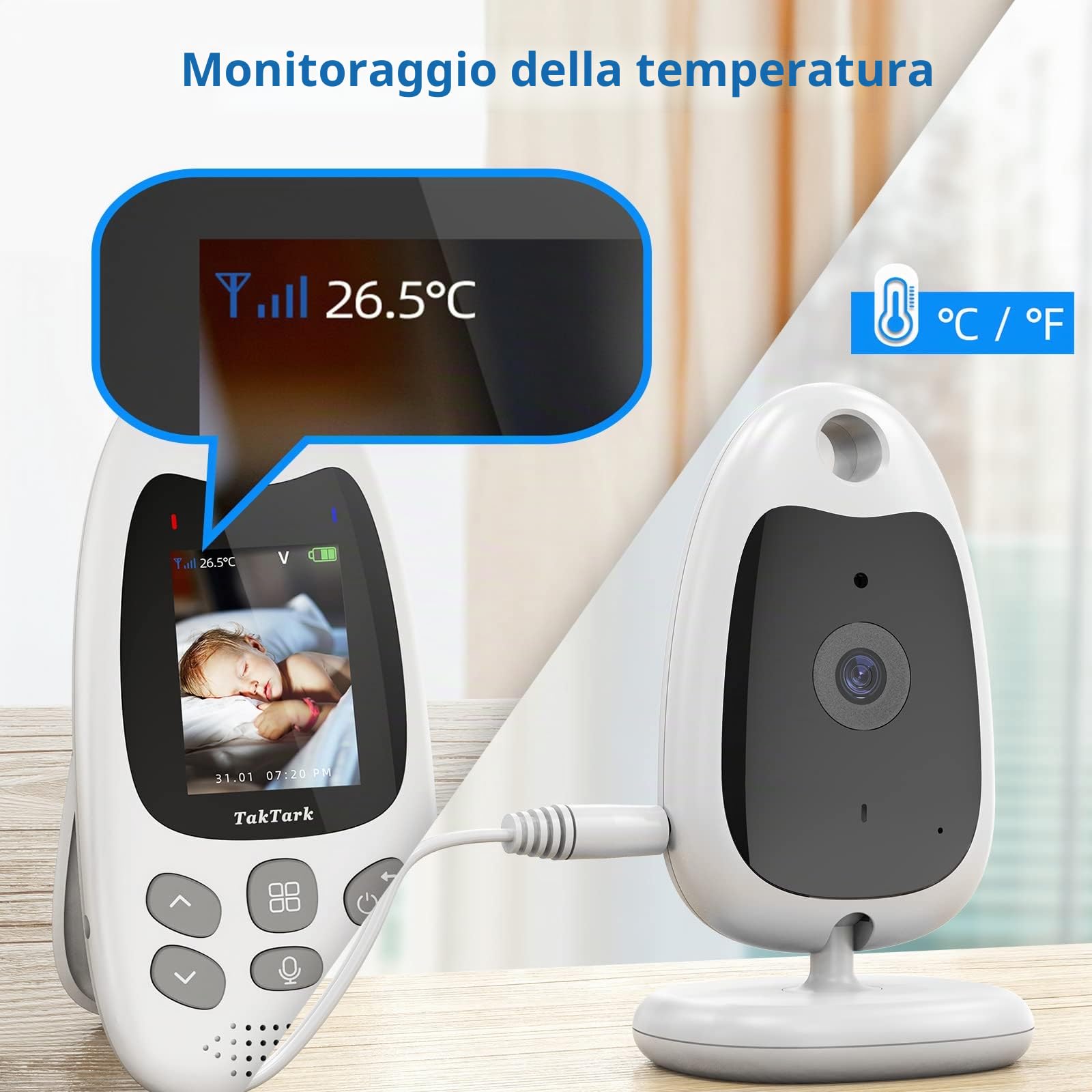 TakTark Baby Monitor, 2.0'' Videocamera Baby Monitor Video e Audio con Visione Notturna Telecamera Bambini con Monitor con Sensore di Temperatura e VOX, Monitor Bambini Ninne Nanne
