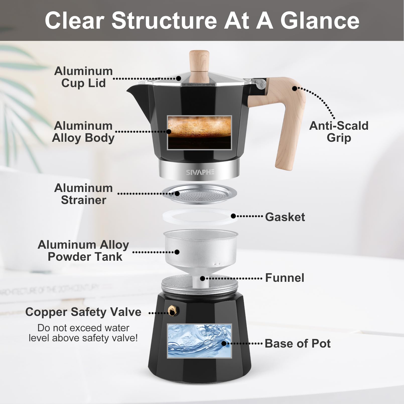 Sivaphe Stovetop Coffee Maker 150ml/3 Cups, Aluminium Moka Pot Italian Espresso Maker with Heat-Resistant Handle, Black - Image 2