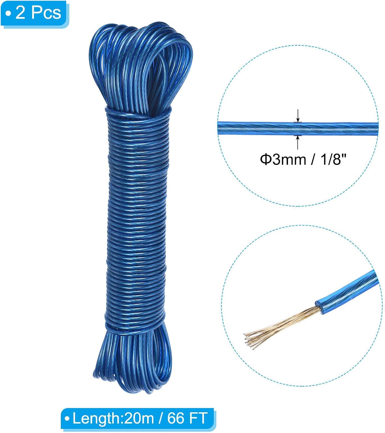 Home and Garden Parts Plastic Coated Clothesline 2 Pack 1/8Inch x 66FT Steel Core Clothes Lines Blue #CN/251024/18995
