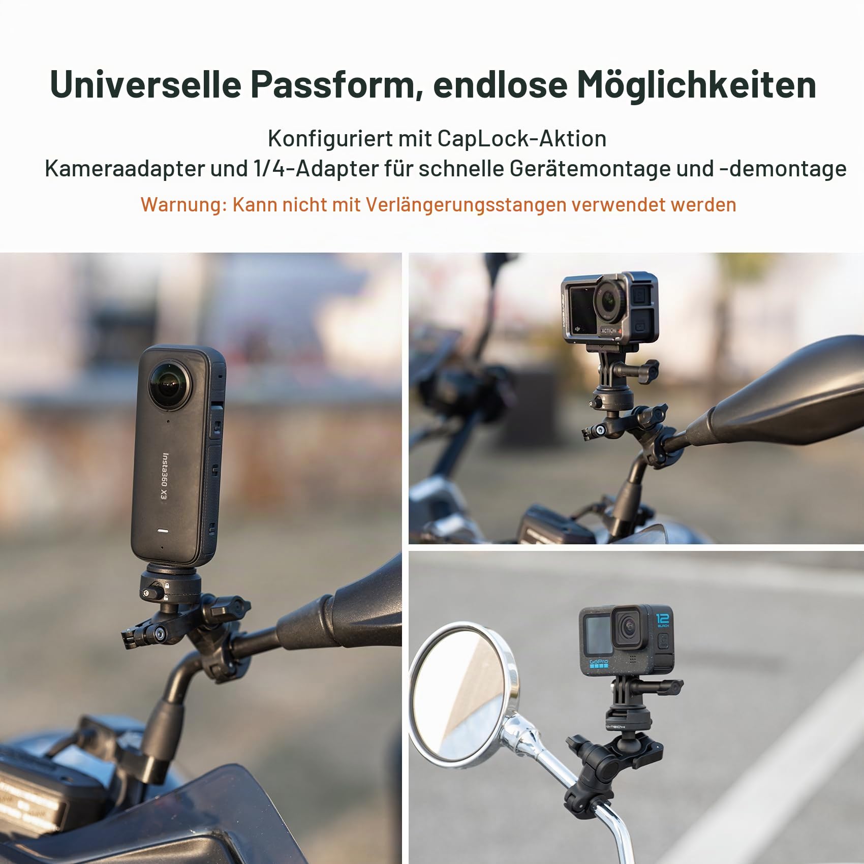 PGYTECH CapLock Rückspiegel Halterung, Motorrad Spiegel Actioncam Halter