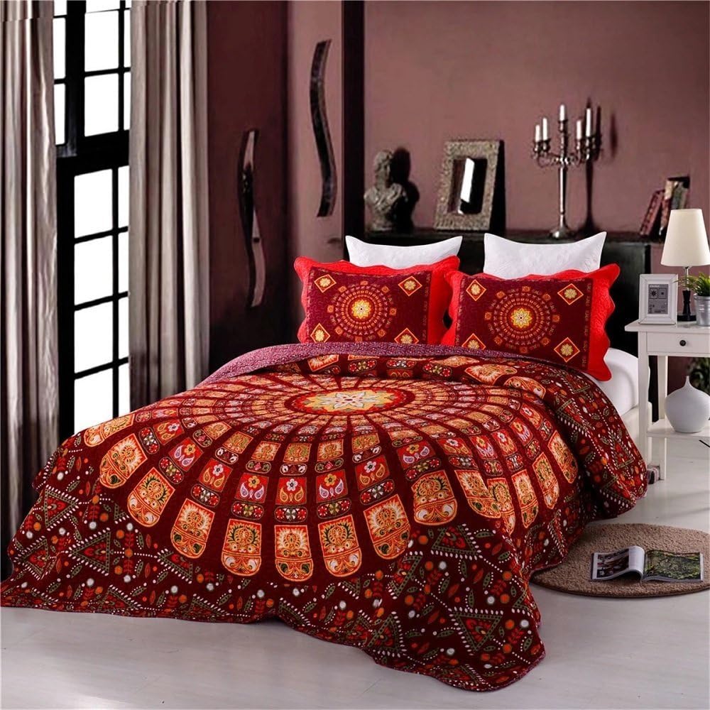 Unimall 3Pcs Reversible Double King Size Quilted Bedspread Indian Patchwork Throw Bohemian Bedding 100% Cotton Boho Style Bed Throws, Red
