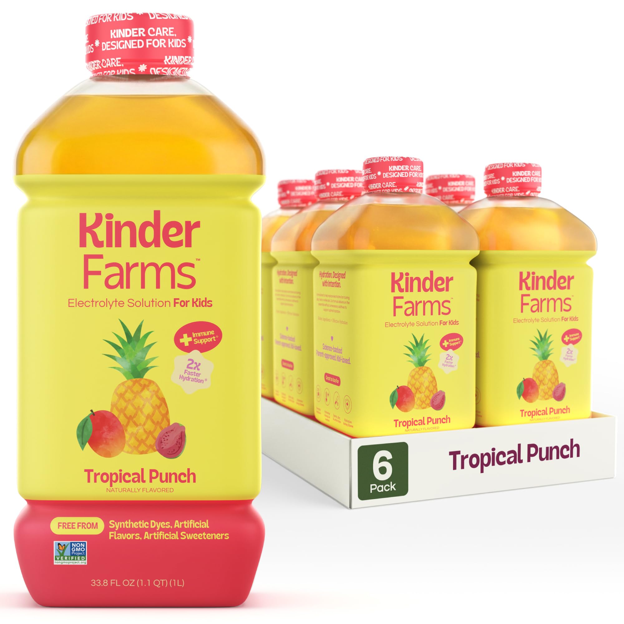 KinderFarms Electrolyte Solution for Kids and Adults - Hydration Drink, Tropical Punch, (33.8 fl oz, 6 Pack), No Artificial Sweeteners or Flavors, No