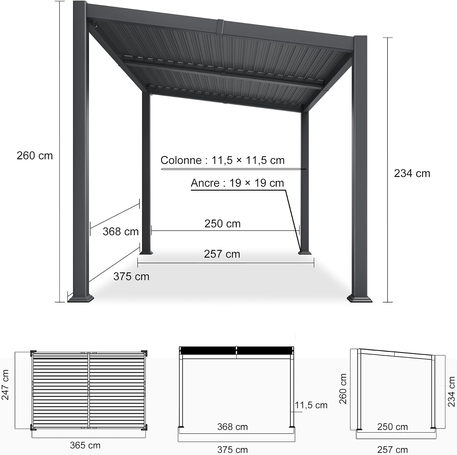 Technical drawing showing the dimensions of the pergola: 368 cm length, 247 cm width, 260 cm height, with column and anchor dimensions.