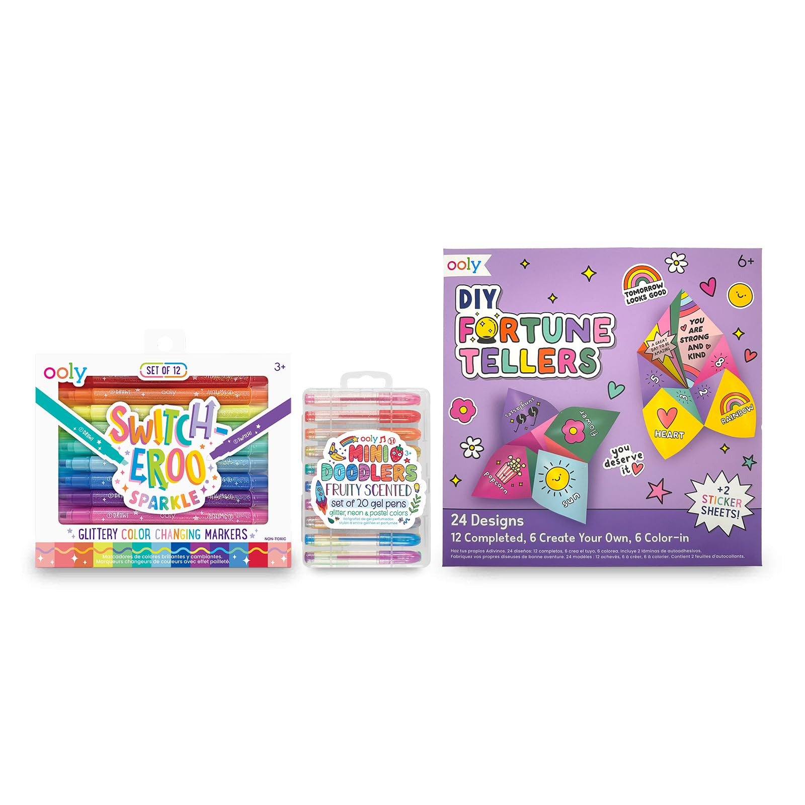 Ooly 12 Pack Sparkle Switch-eroo Color Changing Markers & Scented Mini Doodlers Gel Set of 20 Pens for Kids & DIY Paper Kit, 24 Fortune Teller Designs & Stickers, Great Summer Arts & Crafts