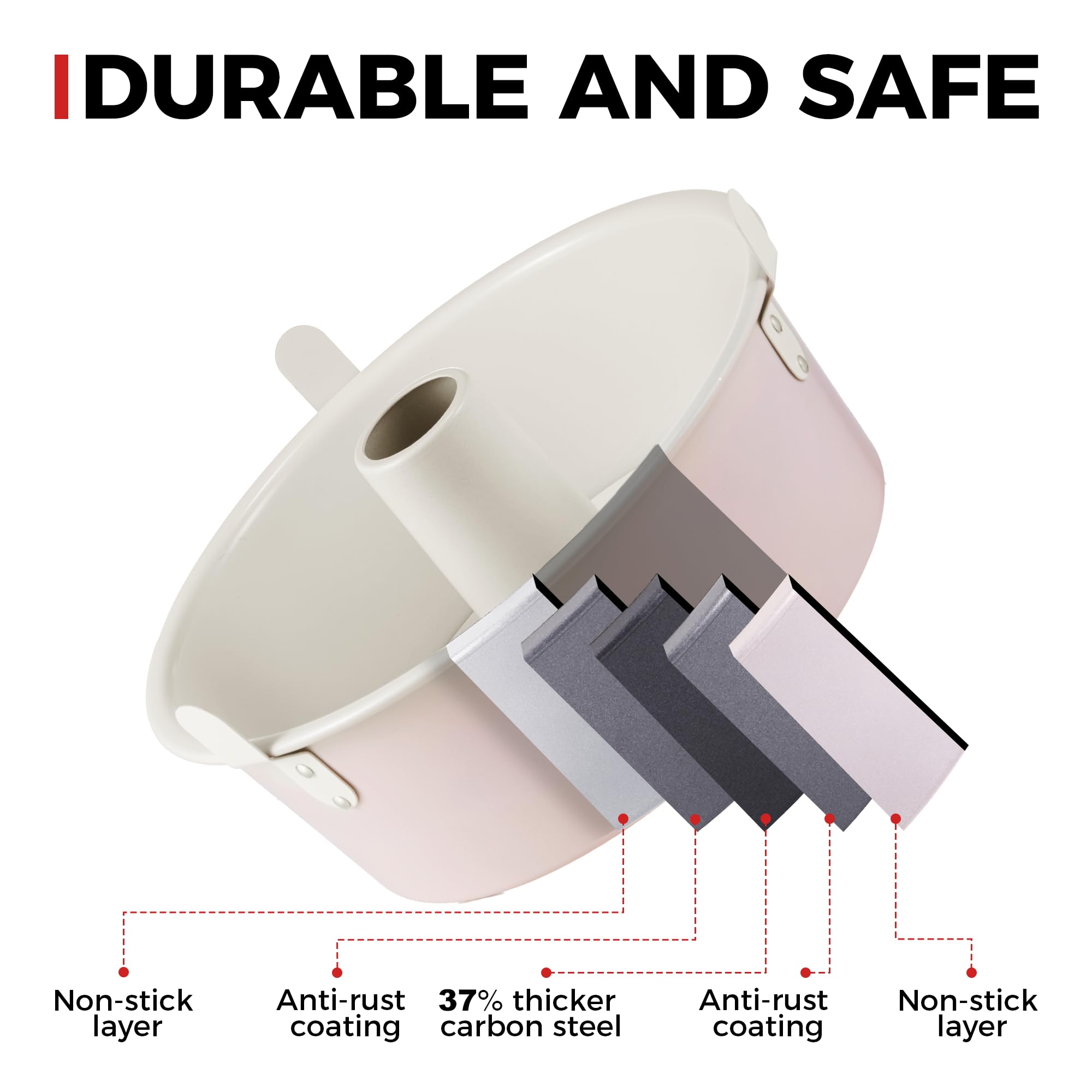 HONGBAKE Molde antiadherente para tartas de ángel con parte inferior extraíble, moldes de tubo de 10 pulgadas para hornear pasteles de gasa, 16 tazas, resistente, color rosa