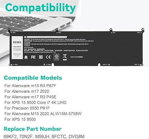 Miniatura 5 de 86Wh 69KF2 M59JH 8FCTC 70N2F Batería para Dell XPS 15 9500 9510 9520 Precisión 5550 5560 5570 7510 M15 M17 R3 R4, G15 5510 5511 551 5 515 5 520