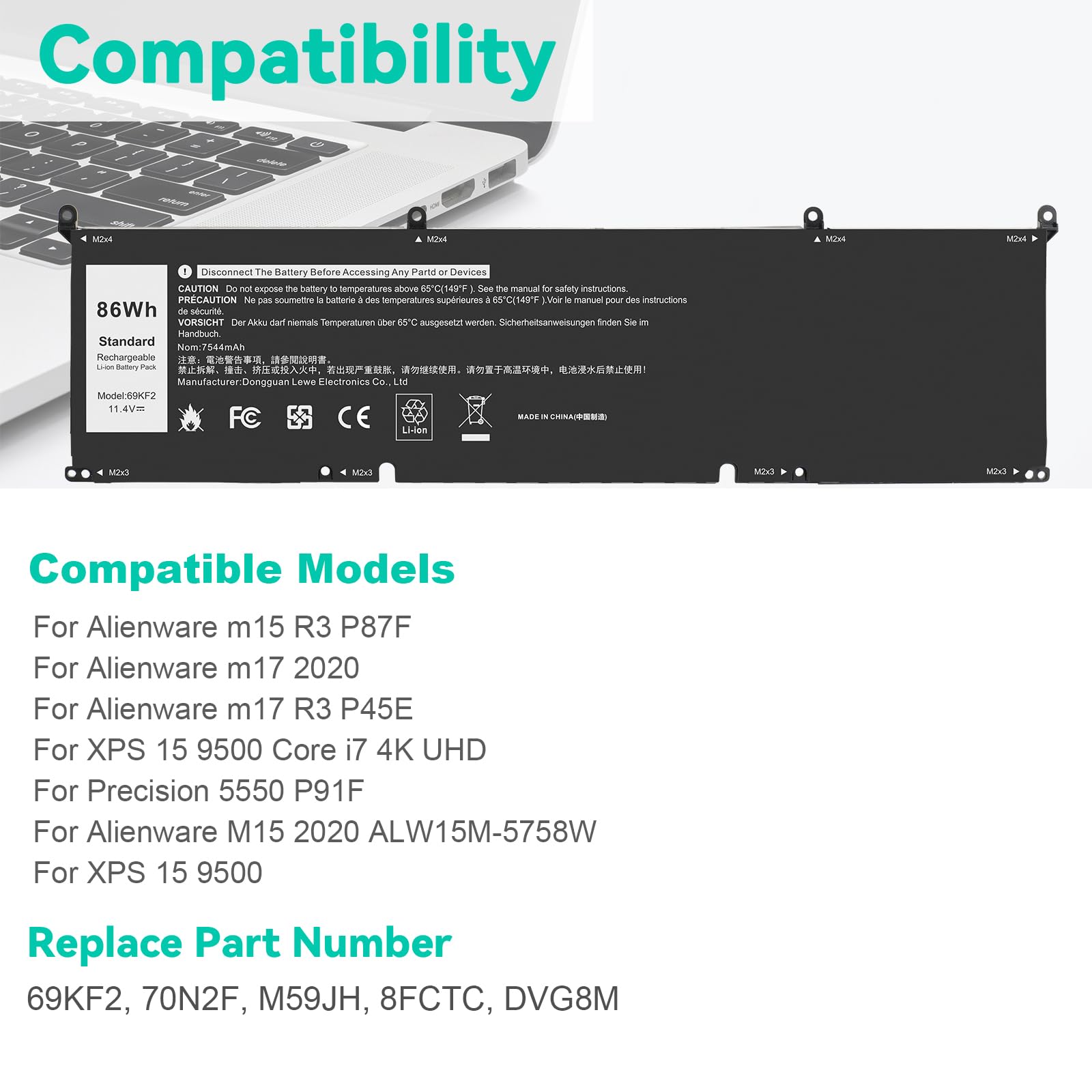 TREE.NB 69KF2 Battery Replacement for Dell XPS 15 9500 9510 9520 9530 Precision 5550 5560 G15 5510 5511 5520 5515 5521 G7 15 7500 P91F P87F 0GFJ6 7510 7610 7620 11.4V 86Wh 6-Cell