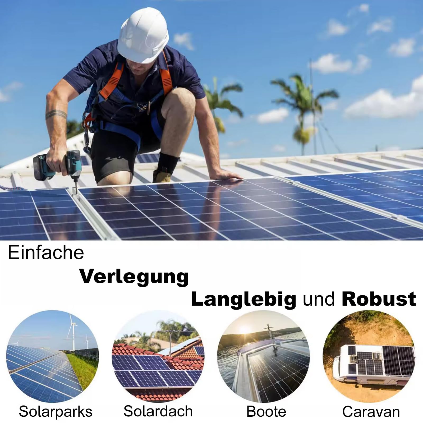NAUC Solar Verlängerungskabel für Solarpanel - Solarleitung Solarkabel für Solarmodule - Photovoltaik-Kabel - Kabel 6 mm² - 5-100 Meter - TÜV, Farben:Schwarz, Länge Kabel:30 Meter