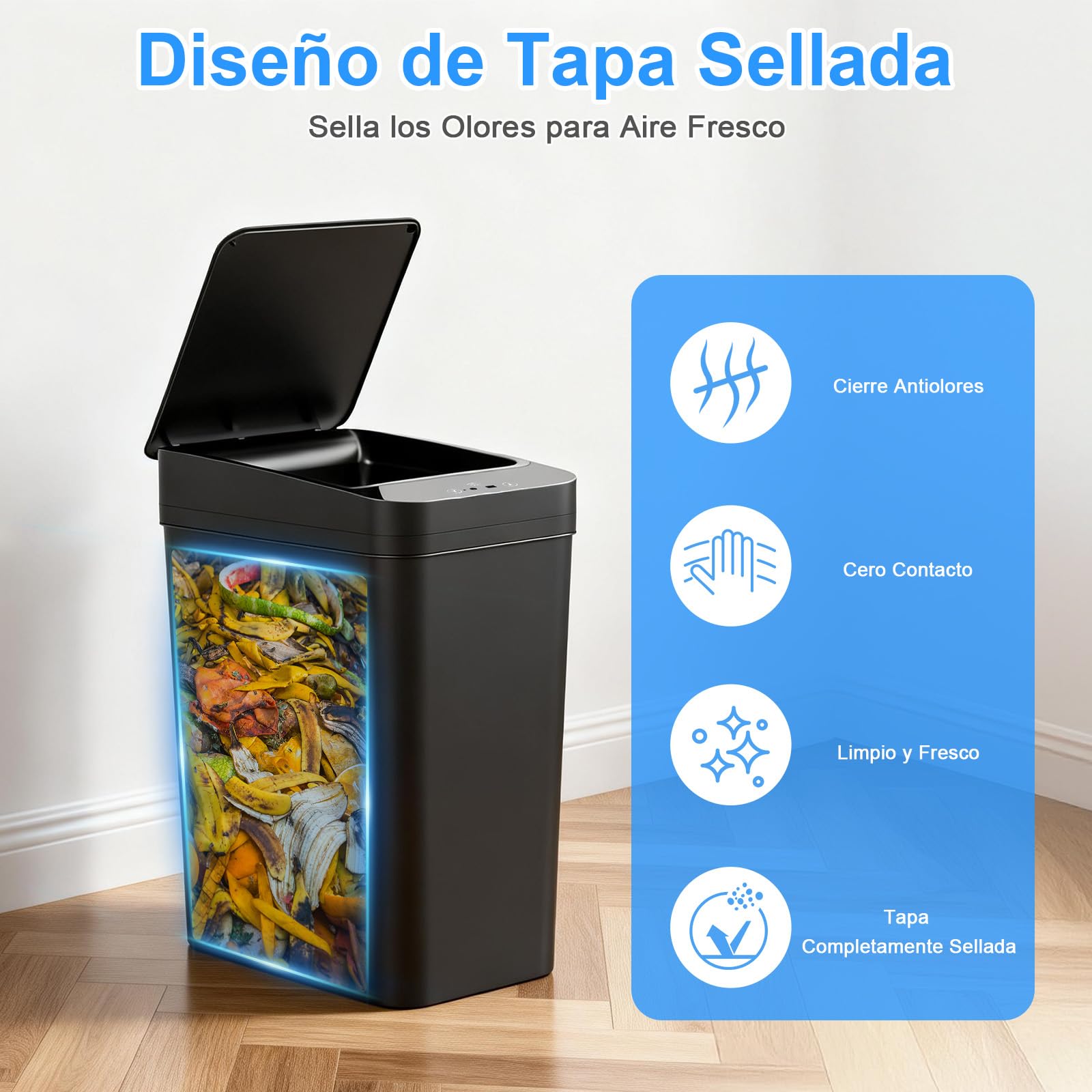 Set de 2 Cubos de Basura Automáticos (15L y 12L) con Tapa Inteligente – Cubo Basura Automático, Papelera Silenciosa e Impermeable con 3 Modos de Funcionamiento, Ideal para Cocina, Baño y Oficina Negro