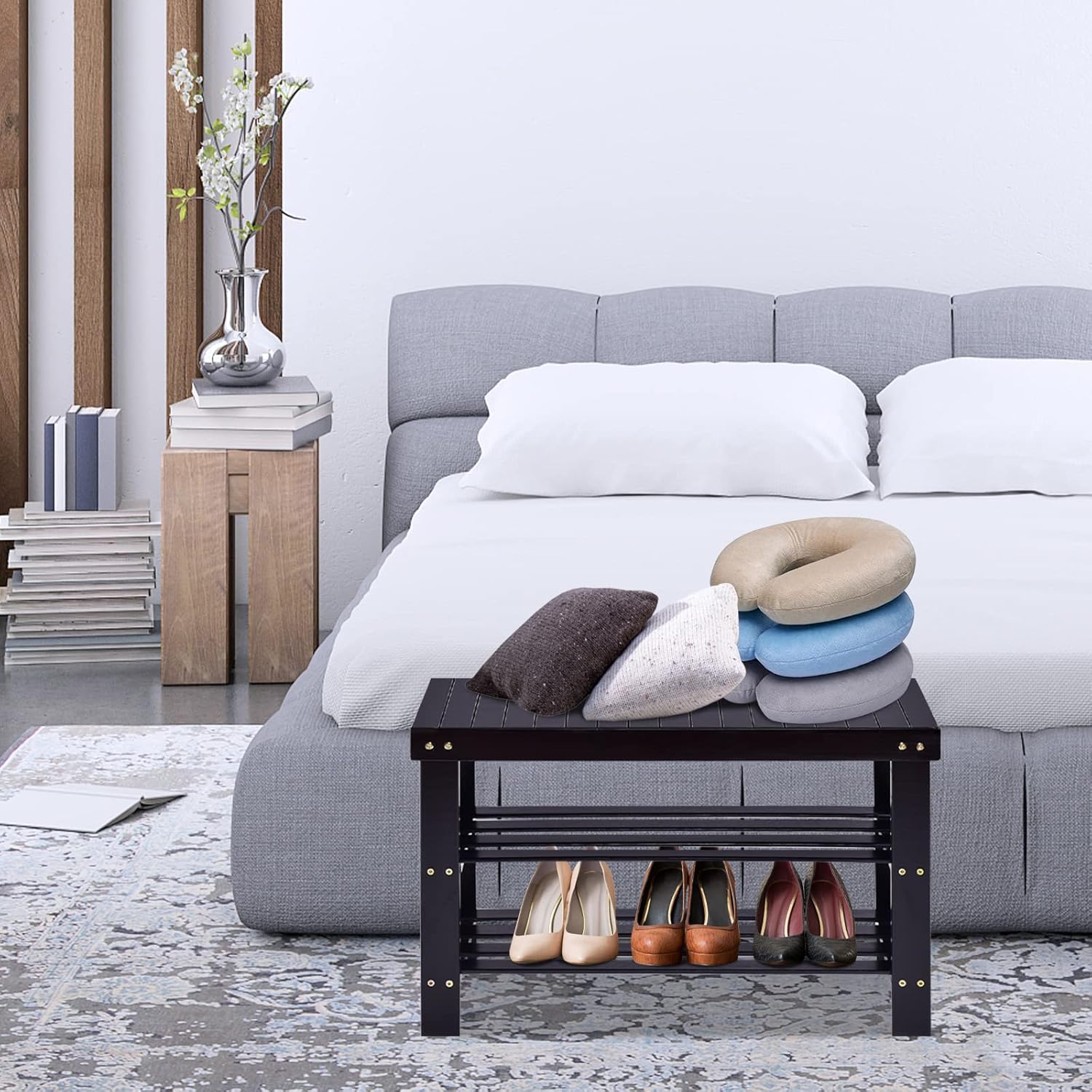 COSTWAY 3-Tier Shoe Rack Bench, Free Standing Wood Entryway Shoe Storage Organizer, Bamboo Storage Shelf for Shoes,Ideal for Home Entryway, Hallway