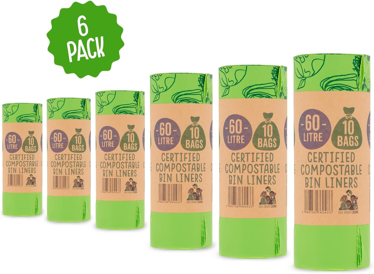 Eco Green Living 60 Litre Compostable Bin Liners, Plastic Free & Recyclable Tall Bin Bags for Food Waste, Leak Resistant Small Bin Liners, 87 x 114 cm - Six Pack (60 Bags)