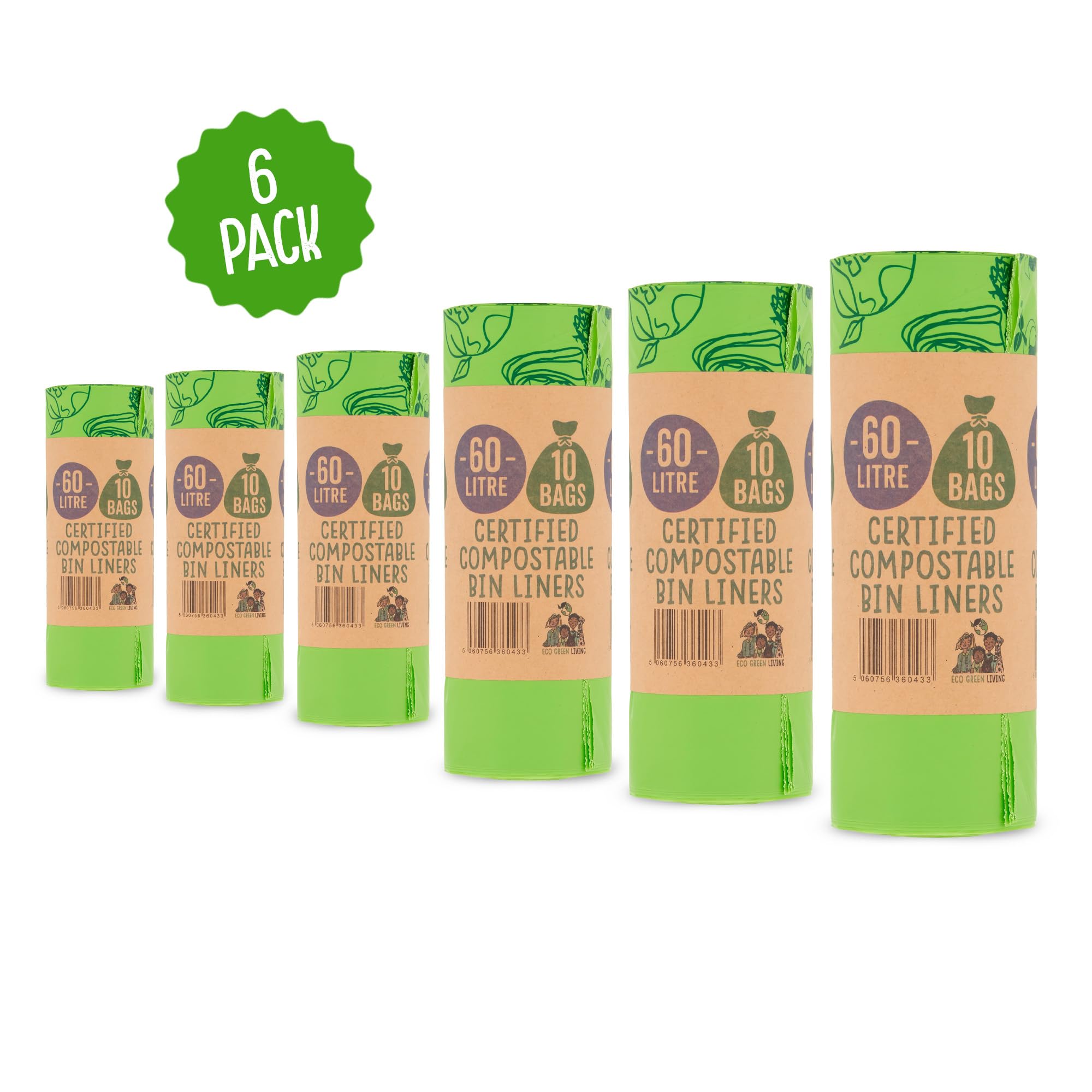 Eco Green Living Sacchi per la spazzatura biodegradabili e compostabili al 100%, 60 litri, per rifiuti alimentari, sacchi alti resistenti,a prova senza BPA, riciclabili, 6 rotoli, 60 sacchetti