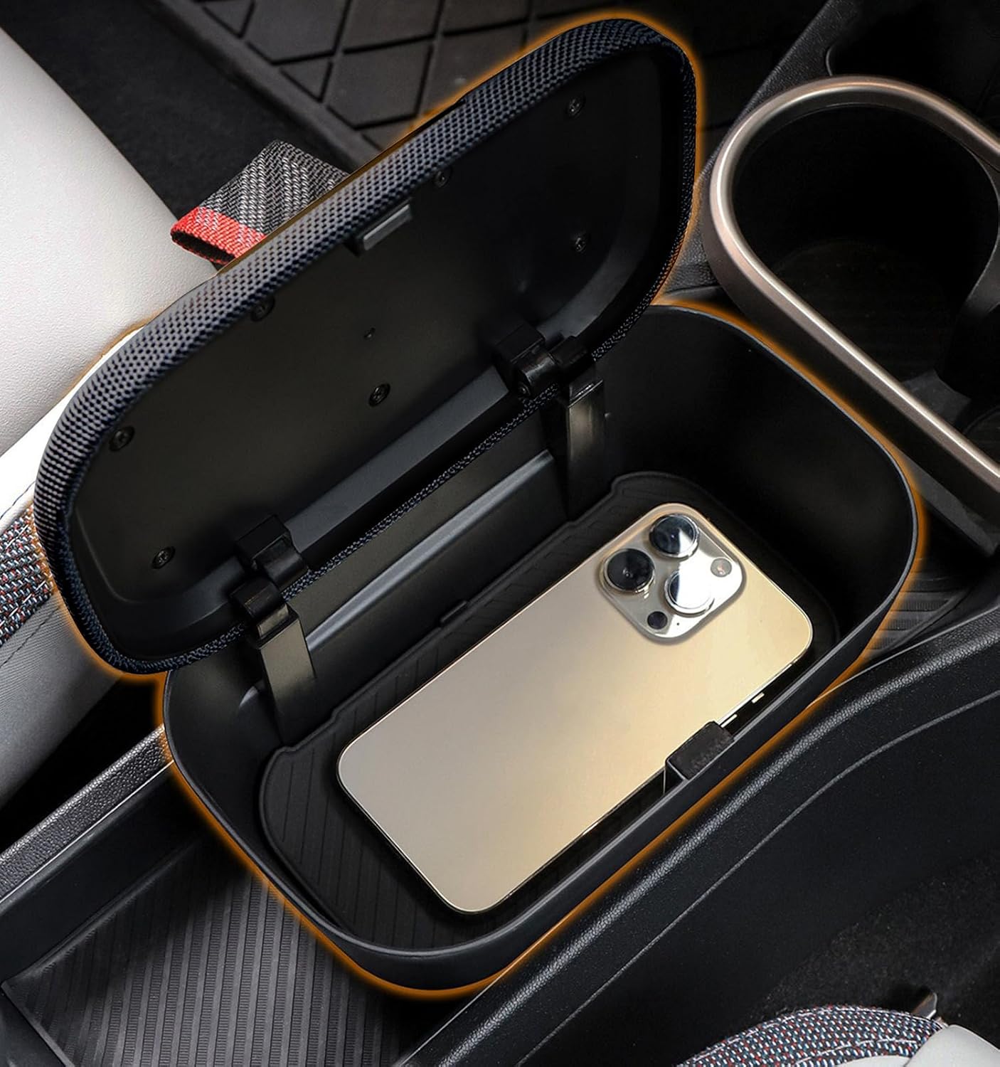 Center Console Storage Box with Silicone Mat Glove Box Organizer for Mini Cooper Gas version F66 2-door/ F65 4-door 2025 2026 and up (Black)