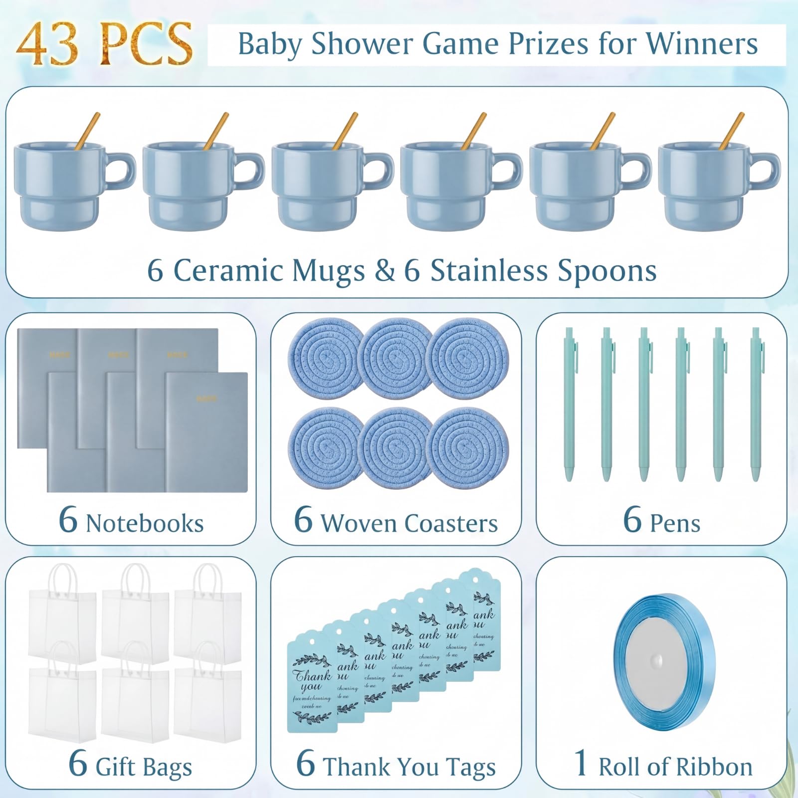 43 premios de juego para baby shower para ganadores del juego, regalos de baby shower, incluyendo tazas de cerámica con cucharas, posavasos tejidos y bolsas de regalo para cuaderno, tarjeta