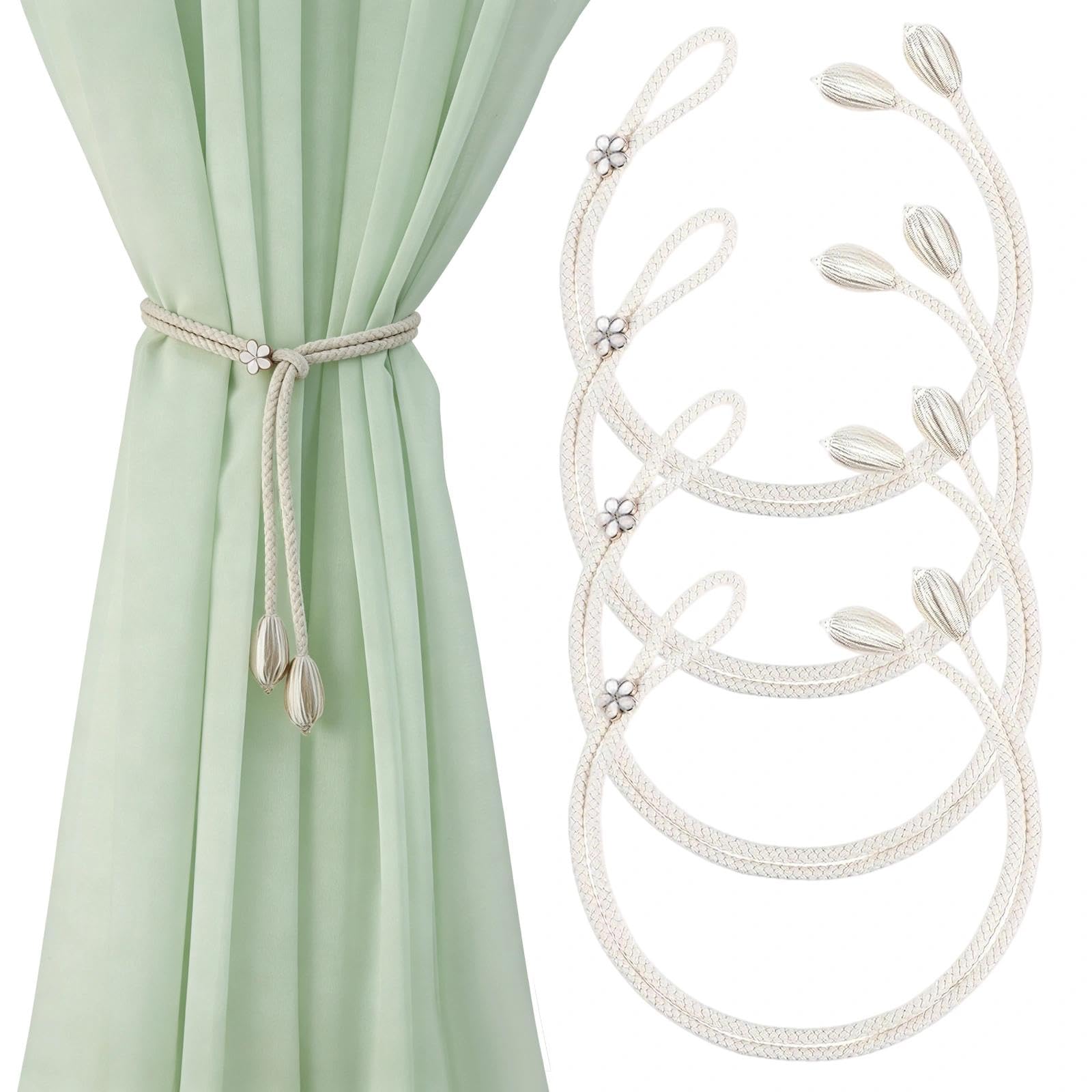 4 Stück Vorhang Raffhalter Einstellbar, Raffhalter für Vorhänge Bohème Stil | Baumwolle Gardinenband | Boho Raffhalter für Vorhänge Halter, Gardinenhalter Wand mit Blume Schnalle Gardinen Raffhalter
