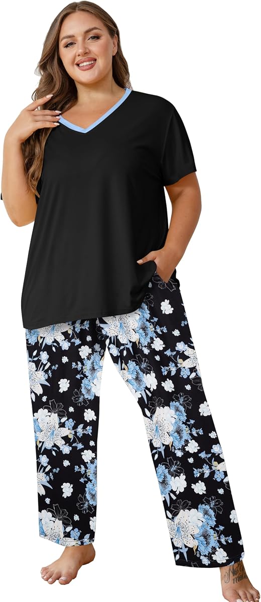 Women's Pajama Sets Short Sleeve with Long Pant Soft Sleepwear Printed pj Loungewear With TWO Pockets Size 1X to 5X