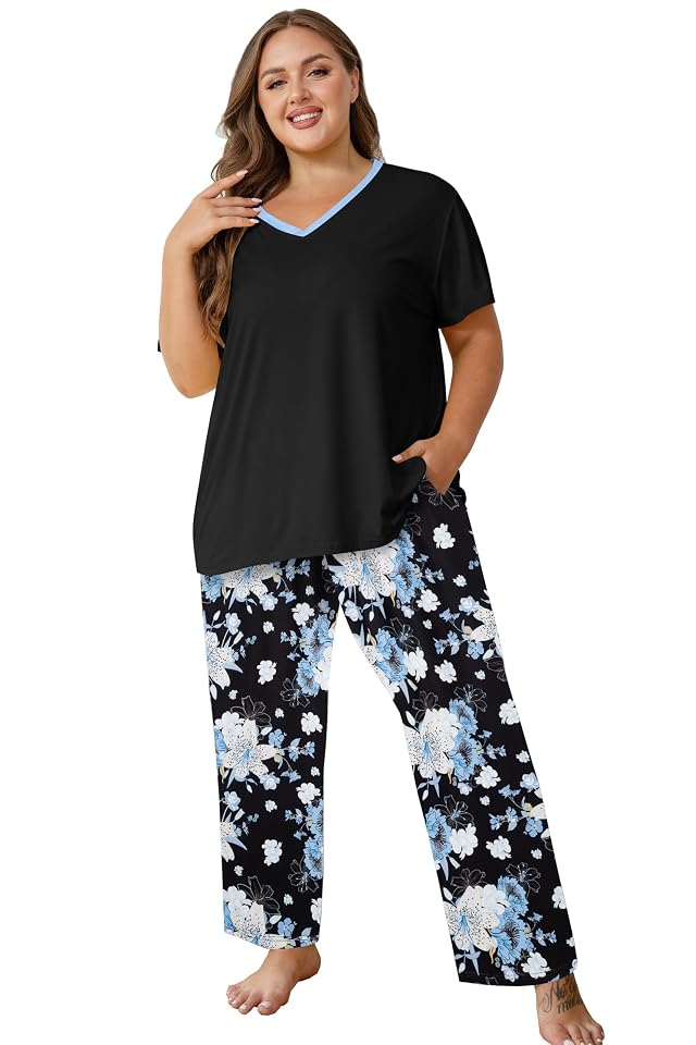 Vozanet Womens Pajama Sets Short Sleeve with Long Pant Soft Sleepwear Printed pj Loungewear With TWO Pockets Size