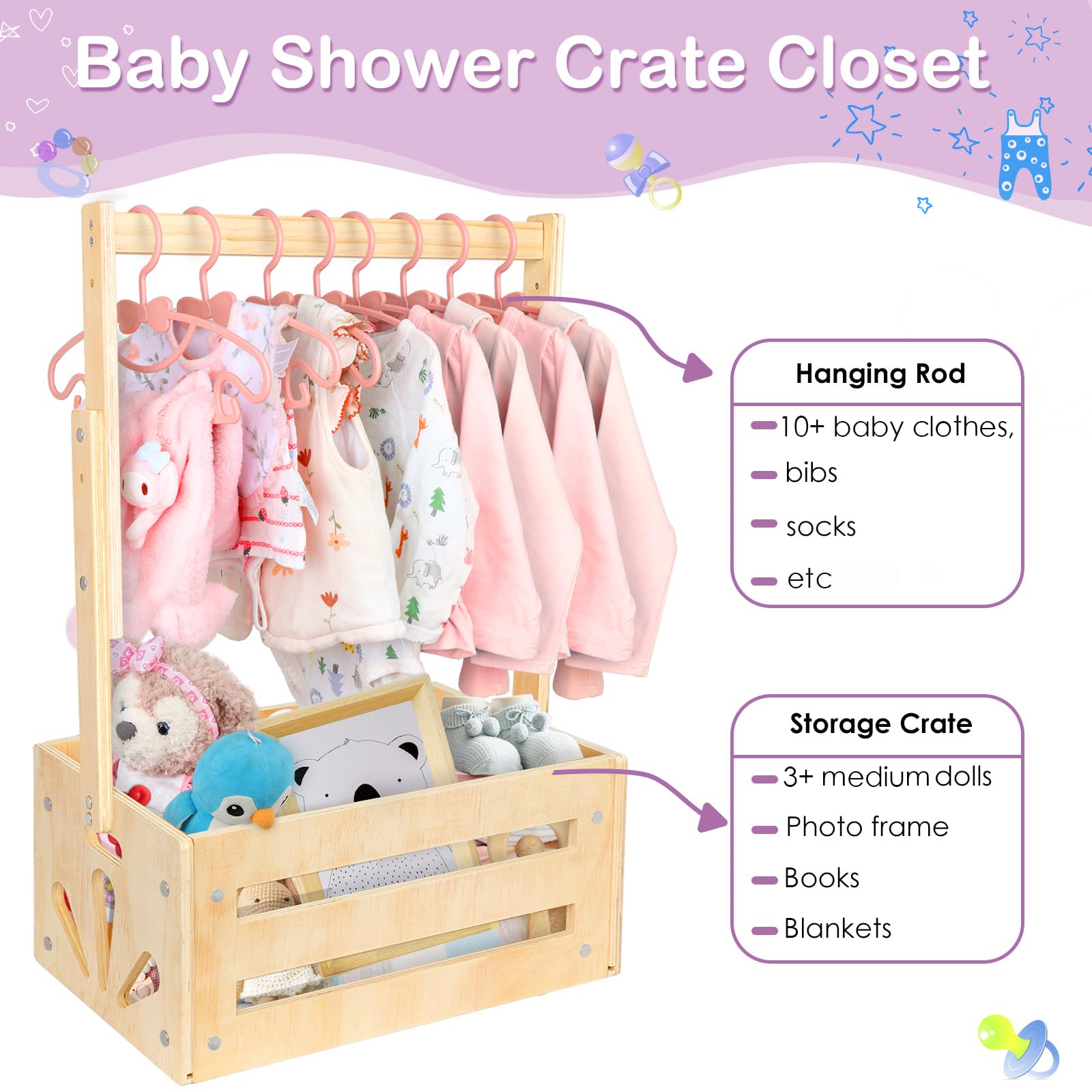 Cesta de madera para almacenamiento de bebé con asa ajustable, cesta pequeña para regalos de baby shower (natural)