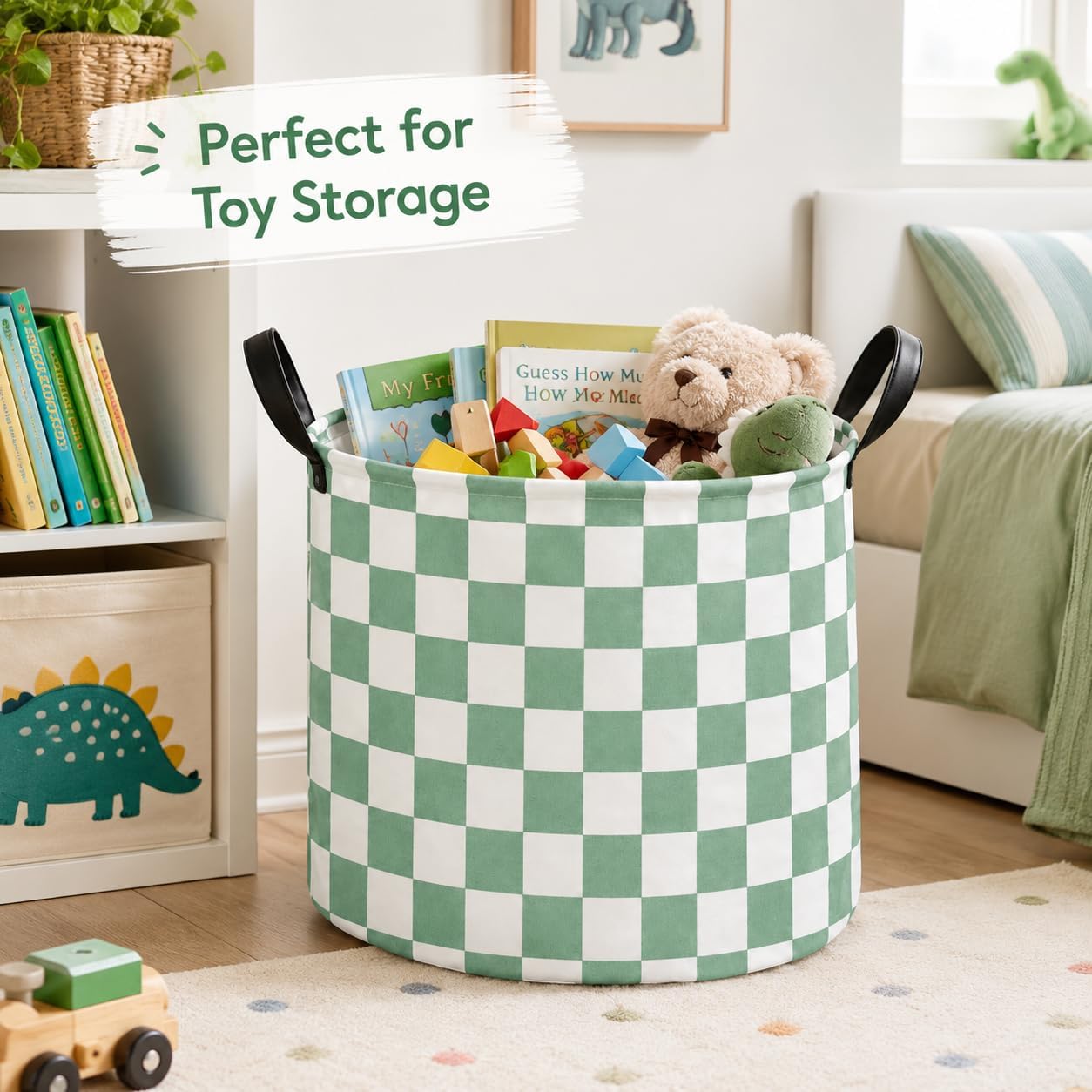 MAIZMZ 3 Pack Sage Checkered Storage Baskets Kids Hamper,Girls Room Decor,15.7"D x13.3"H, Waterproof Lining,Collapsible for Laundry, Toys, Clothes, Gift Set image 4