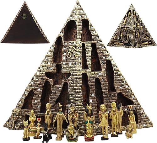 Ebros Gift Estatua de exhibición de la pirámide del monumento mundial egipcio con 16 dioses en miniatura Anubis Osiris Maat Isis Bastet Sekhmet